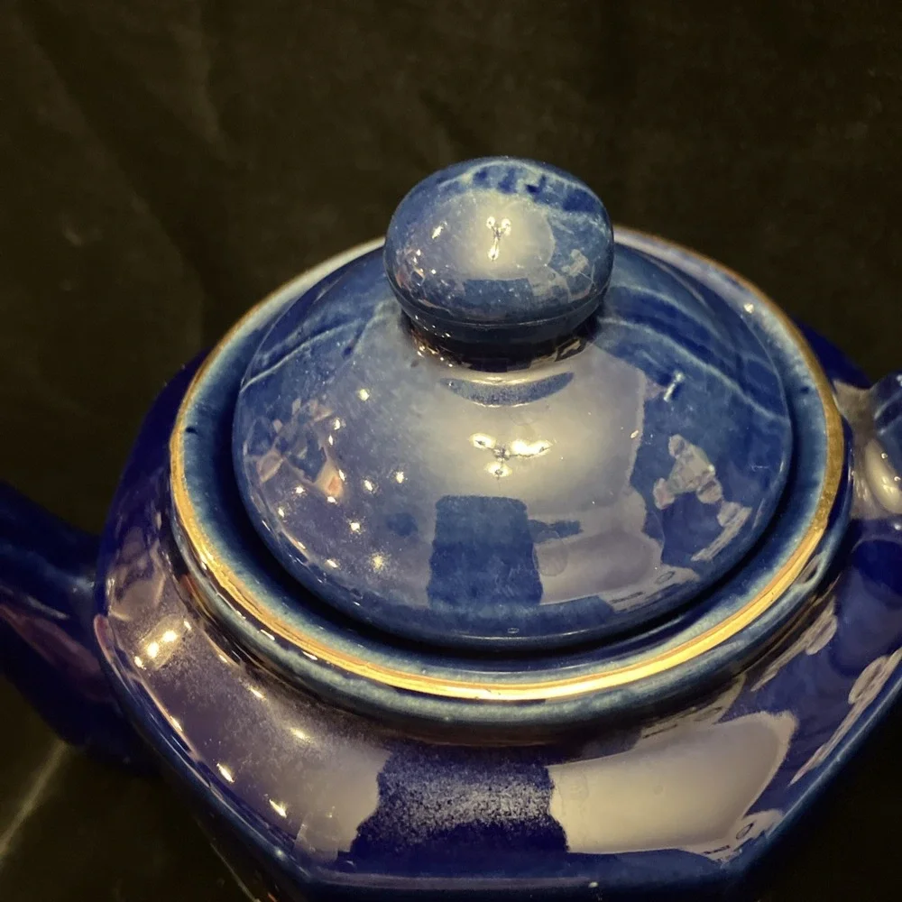Cobalt Blue Porcelain Tea Pot Gold Trim Peacock Coffee Teapot Taiwan 4.5” W/ Lid